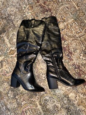 Journee Collection Black Croc-Embossed Over-the-Knee Block Heel Boots